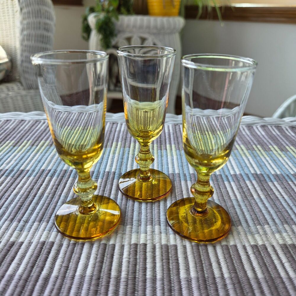 Vintage Libbey Forever Amber Cordial Glasses Three MCM Yellow Aperitif Liqueur